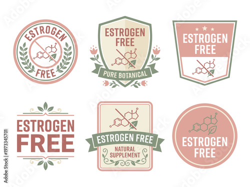 Natural hormone free certification badges, estrogen free emblems for product packaging and healthcare supplements.