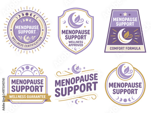 Menopause support wellness label set, moon and leaf emblems for feminine health products