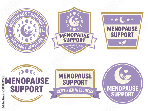 Feminine health product badges, menopause support moon cycle icons for organic wellness branding