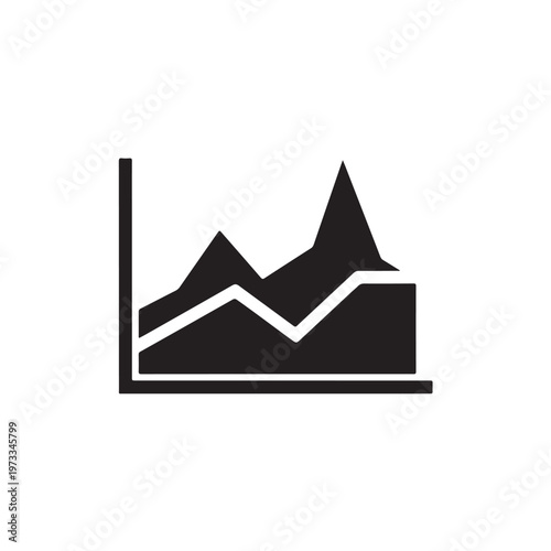 Black and white icon of a graph with rising and falling line on plain background. Concept of data analytics and trends.