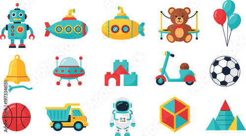 Kids Toys and Play Objects Collection with Robot, Submarine, UFO, Teddy Bear, Vehicles and Geometric Blocks for Children Illustration Design