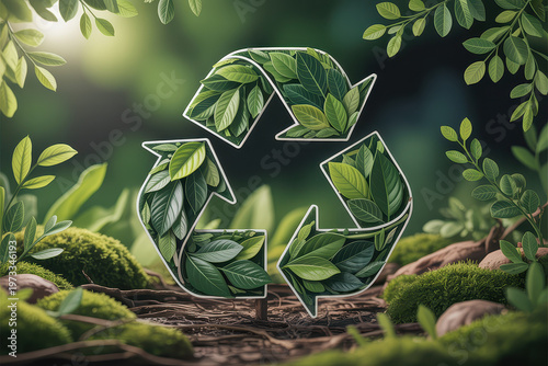 Recycling Symbol Made Of Green Leaves On Nature Background For Eco Friendly Concepts