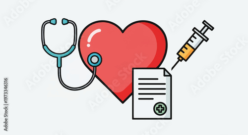 Medical icons, healthcare symbols, heart, stethoscope, syringe, medical document, wellness graphics