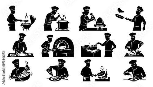 Cooking Action Silhouette Set – Chef Kitchen Scenes, Food Preparation, BBQ, Baking and Frying Icons