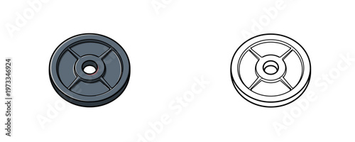 Cast iron barbell weight plate detailed cartoon illustrations in dark grey and black line art styles represents fitness equipment for strength training isolated on white background
