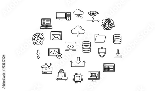 Technology internet and computer outline icon collection with network server cloud and software