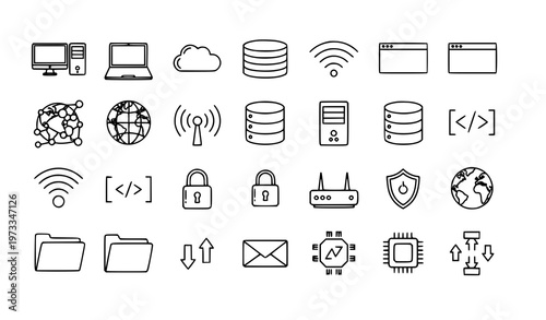 Computer and internet thin line icon set with network cloud server website and digital technology symbols