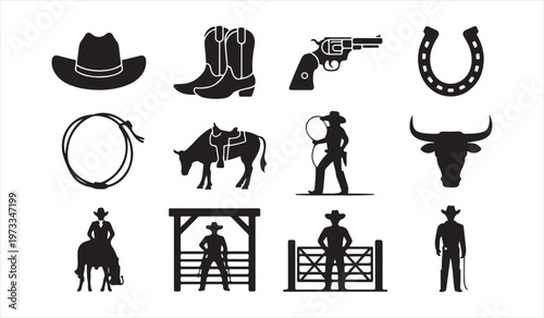 Black cowboy icon collection featuring hat gun boots horseshoe and rope western themed symbols isolated background