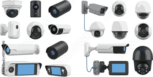 CCTV Security Camera Collection with Dome, Bullet and Surveillance Devices for Monitoring Systems and Safety Technology Illustration Design