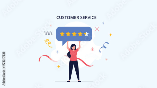 Successful woman standing amidst confetti holding up a giant five star rating bubble representing excellent customer service and user feedback.