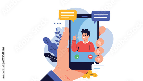Human hand holding a smartphone with a person on screen waving for a video call representing mobile communication and virtual social interaction.