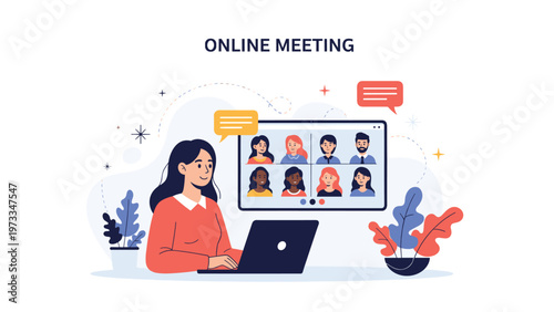 Professional woman managing an online meeting with multiple participants on a video conference screen for remote business collaboration and work.