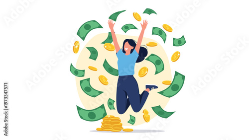 Happy young woman jumping joyfully amidst a rain of falling dollar bills and gold coins celebrating financial success and winning great wealth.