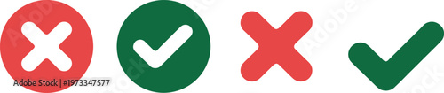 Red cross marks and green check marks in circles and alone on white background x mark