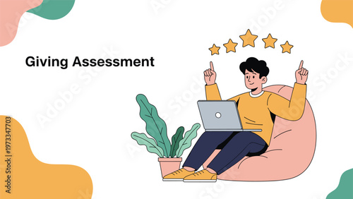 Young man sitting comfortably in a beanbag chair using his laptop and pointing to five gold stars for giving assessment and feedback on service.