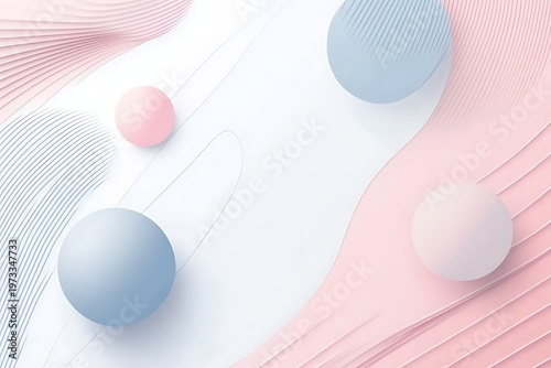 Light pink and blue spheres float above gently curved lines and geometric shapes on a white surface