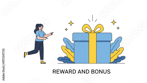 Employee receiving reward and bonus incentives for excellent performance represented by a large blue gift box with yellow ribbon.