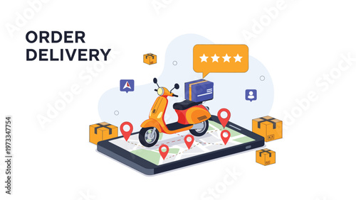 Fast food and package order delivery service concept using a modern mobile app with real-time tracking on a smartphone screen.