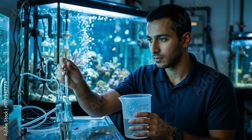 Dedicated male scientist performs water quality test in a vibrant marine aquarium research facility.