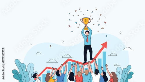 Successful business professional being celebrated by a team for achieving goals and holding a gold winner trophy on top of a graph.