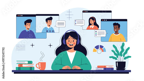 Professional remote work video conference session with a female team leader using a headset to communicate with diverse colleagues online.