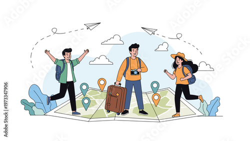 Group of happy tourists planning a vacation using a large world map with destination pins and carrying suitcases for their trip.