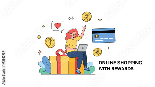 Modern online shopping with rewards experience featuring a woman using a laptop while sitting on a giant gift box with coins.