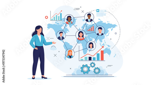 Global business networking and human resources management concept featuring a professional woman presenting connected people icons on a map.