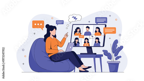 Relaxed remote work video conference session with a professional woman sitting in a beanbag chair and attending an online meeting.