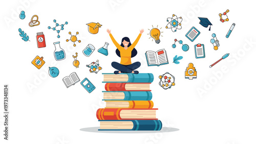 Advanced lifelong learning and higher education concept featuring a woman sitting on a stack of books with various academic icons.