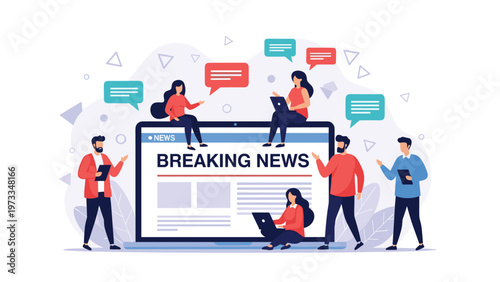 Digital breaking news and online media journalism concept with a diverse team of professionals working on a large laptop screen.