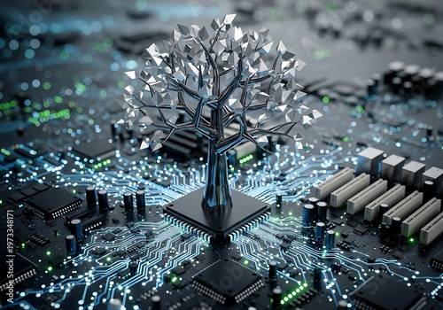 A metallic tree sculpture rising from a digital circuit board representing the convergence of nature and modern technology