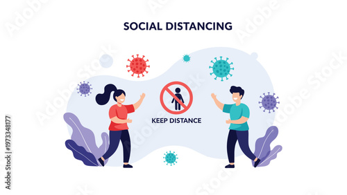 Concept of social distancing during a pandemic showing people maintaining safe space with virus particles and a stop symbol between them.