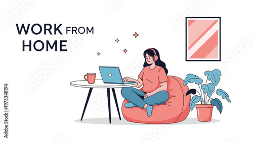 Focused young woman works from home on her laptop while sitting comfortably on a pink beanbag chair in a cozy room with houseplants.