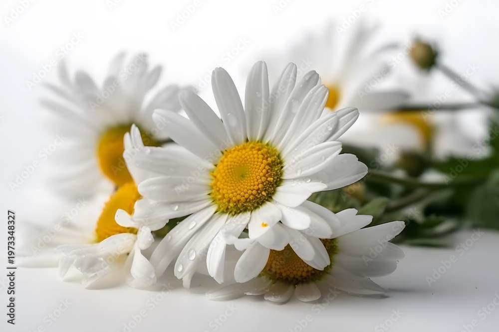 Obraz premium A close-up view of a bouquet of daisies with white petals and yellow centers on a plain white surface