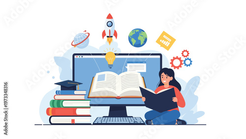 Dedicated student sits by a monitor reading a book while surrounded by digital education icons like graduation caps and launching rockets.