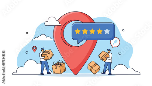 Customer satisfaction and delivery service excellence shown with workers carrying boxes near a giant location pin and a five-star rating.