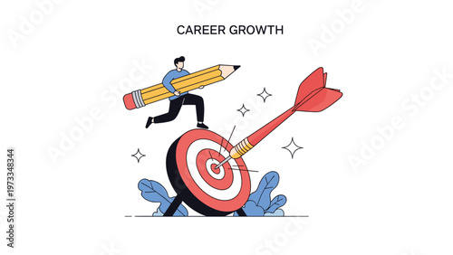 Determined professional aims for career growth by leaping over obstacles with a giant pencil towards a bullseye target with a red dart.