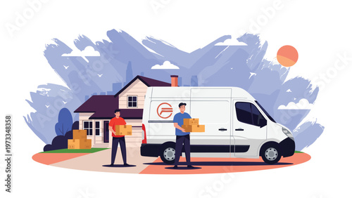 Professional moving company workers carefully carry cardboard boxes from a white delivery van to a suburban house on a sunny day.