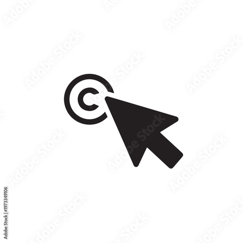 Black arrow cursor clicking a circular copyright symbol on a white background. Isolated design.