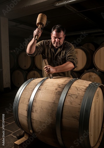 Experienced Man Meticulously Crafting a Wooden Barrel in a Dark Traditional Cellar for Aging Fine Spirits