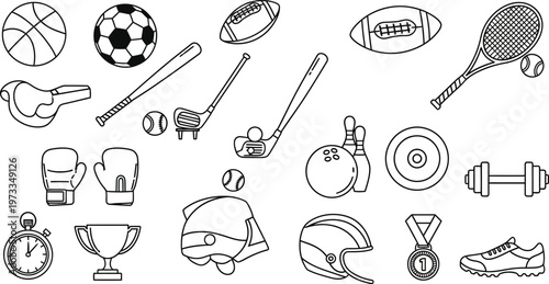 A diverse assortment of sports icons and equipment, suitable for athletic branding and promotional materials.