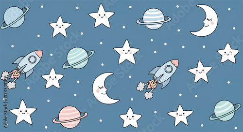 Space, astronomy, celestial, rocket seamless pattern, blue background, stars, planets, moons