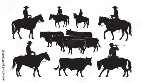 Western cowboy and cattle silhouette pack with bulls cows and horseback riders ranch scene design