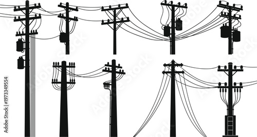 Collection of black silhouette utility poles with electrical transformers and wires against a white background
