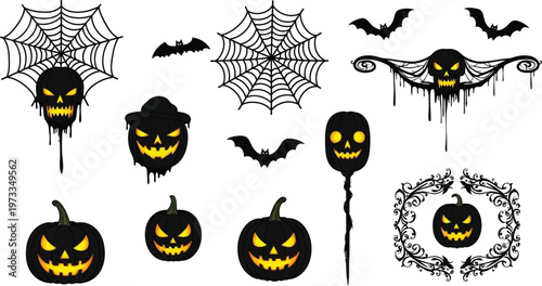 Set of spooky black Halloween icons including pumpkins, bats, and spiderwebs on a white background.