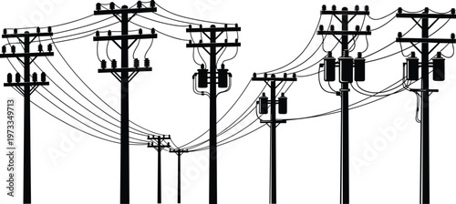 Black silhouette of utility poles with transformers and power lines against a white background