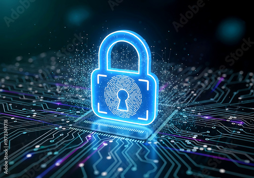 A glowing blue digital padlock icon representing cyber security and data protection concepts on a complex electronic circuit board