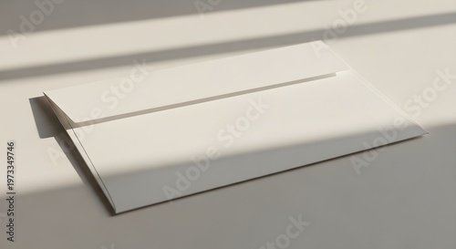 Blank white envelope mockup on a neutral background with soft sunlight shadows, minimalist stationery design template for branding and corporate identity