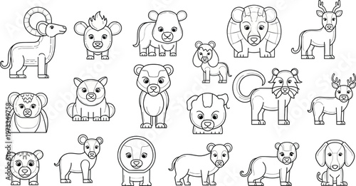 Outline illustrations of various farm and wild animals on a white background for educational or creative use.